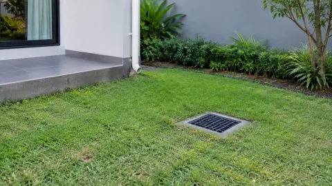 Kisi drainase terpasang pada rumput halaman rumah