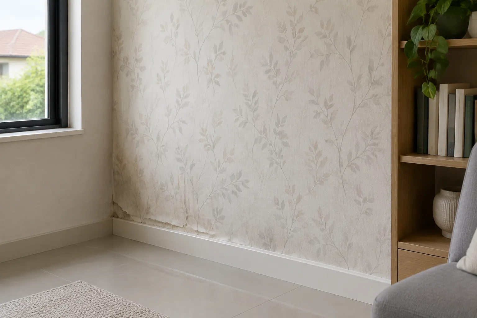 Wallpaper bermotif daun pada sudut dinding dekat jendela