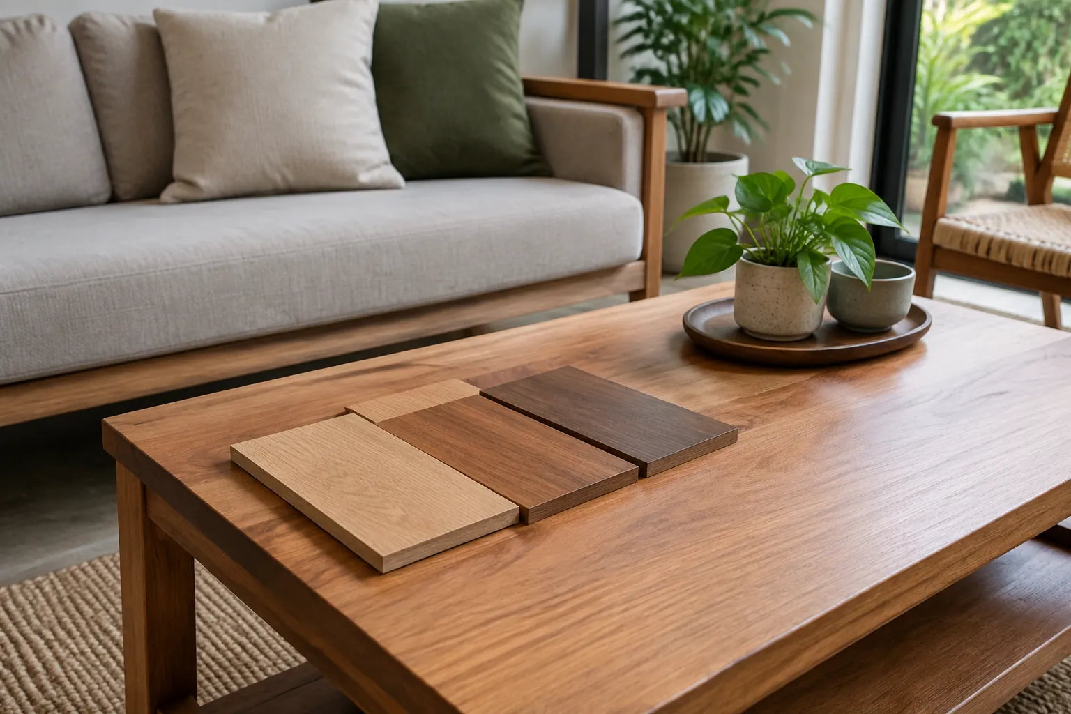 Contoh permukaan kayu berbeda diletakkan di meja depan sofa