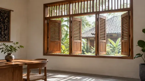 Jendela kayu berdaun terbuka pada rumah tradisional