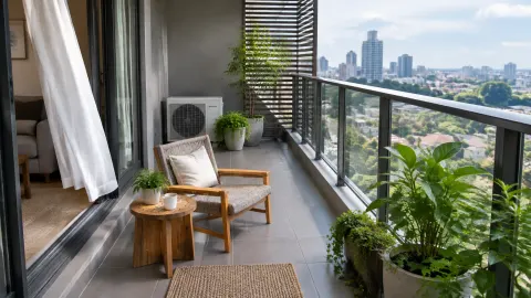 Balkon dengan kursi, tanaman, dan kisi peneduh