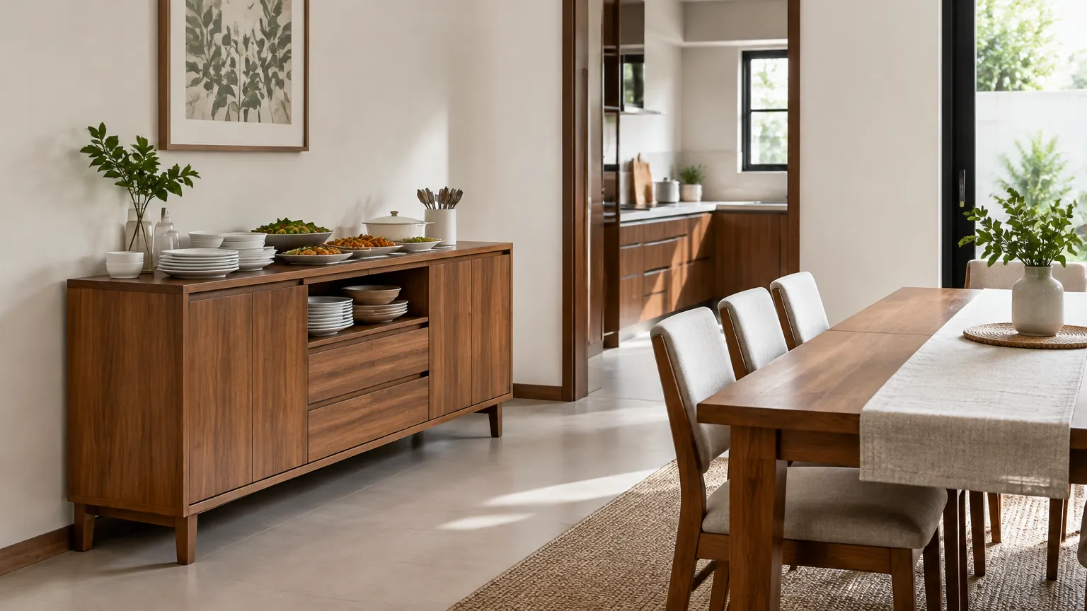 Kabinet buffet di sisi meja makan dekat pintu dapur