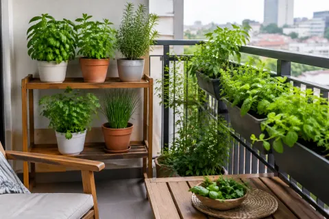 Tanaman herba dalam pot pada balkon kota