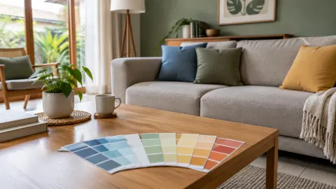 Sampel warna tersusun di meja depan sofa ruang tamu