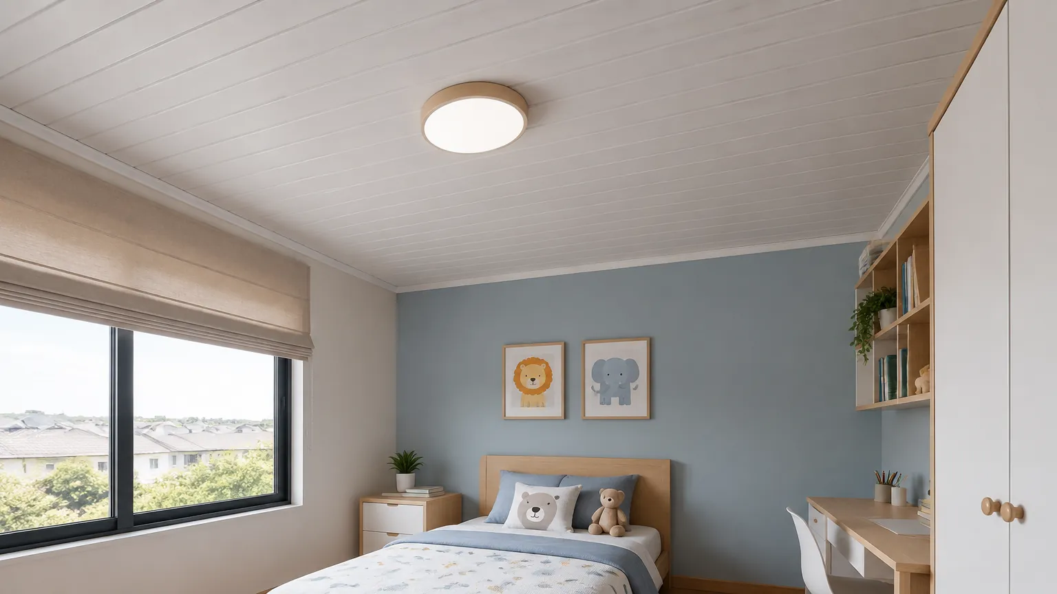 Kamar anak dengan plafon berpanel putih