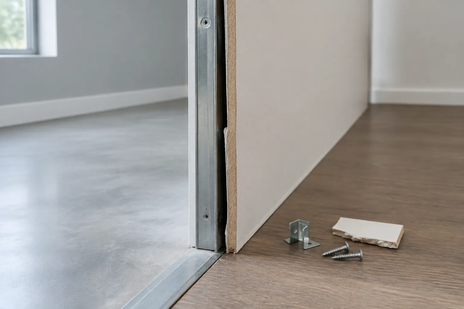 Rangka partisi dan pengikat terlihat di pintu