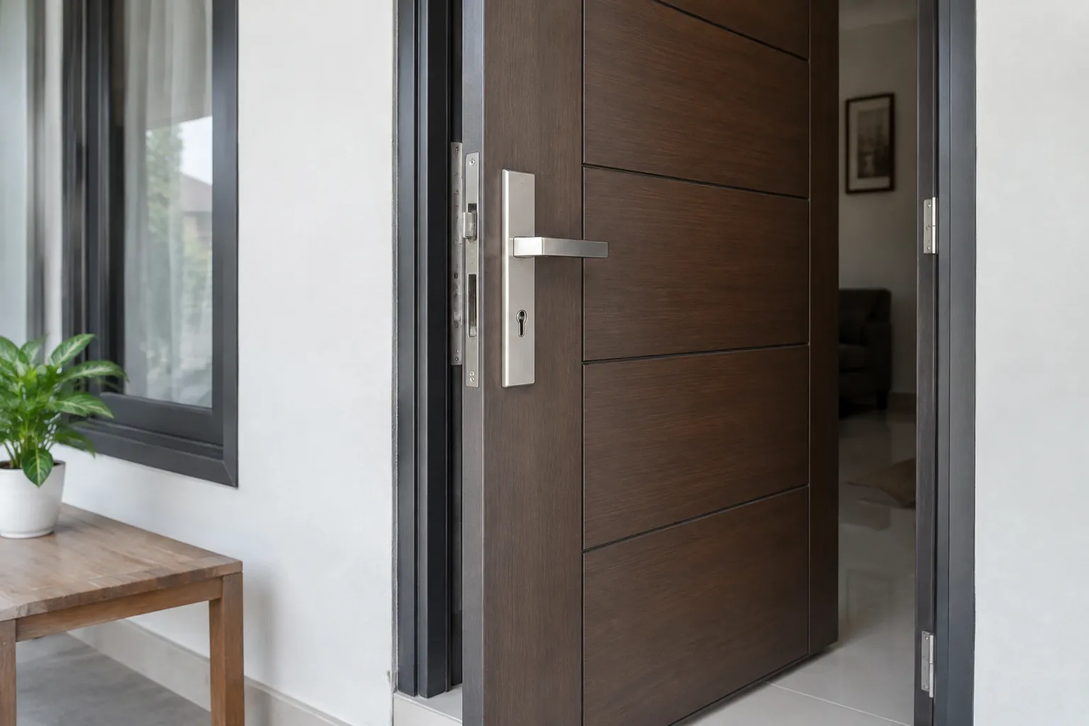 Pintu kayu gelap terpasang pada kusen luar rumah