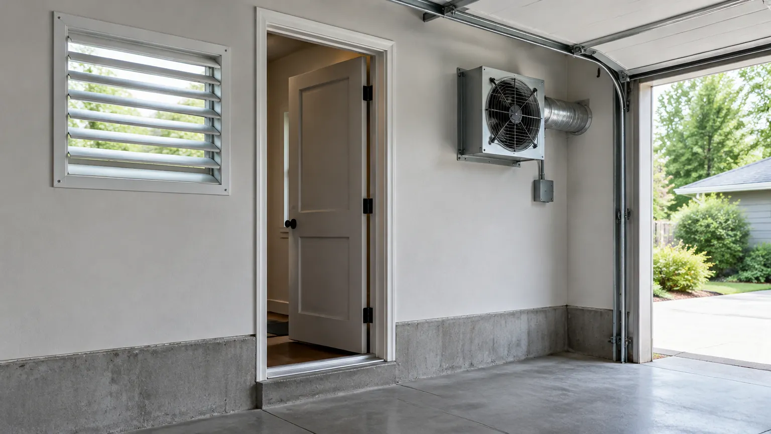 Pintu garasi dan ventilasi pada dinding samping