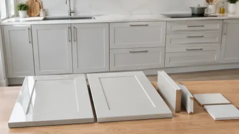 Beberapa pintu kabinet putih sedang dicocokkan di dapur