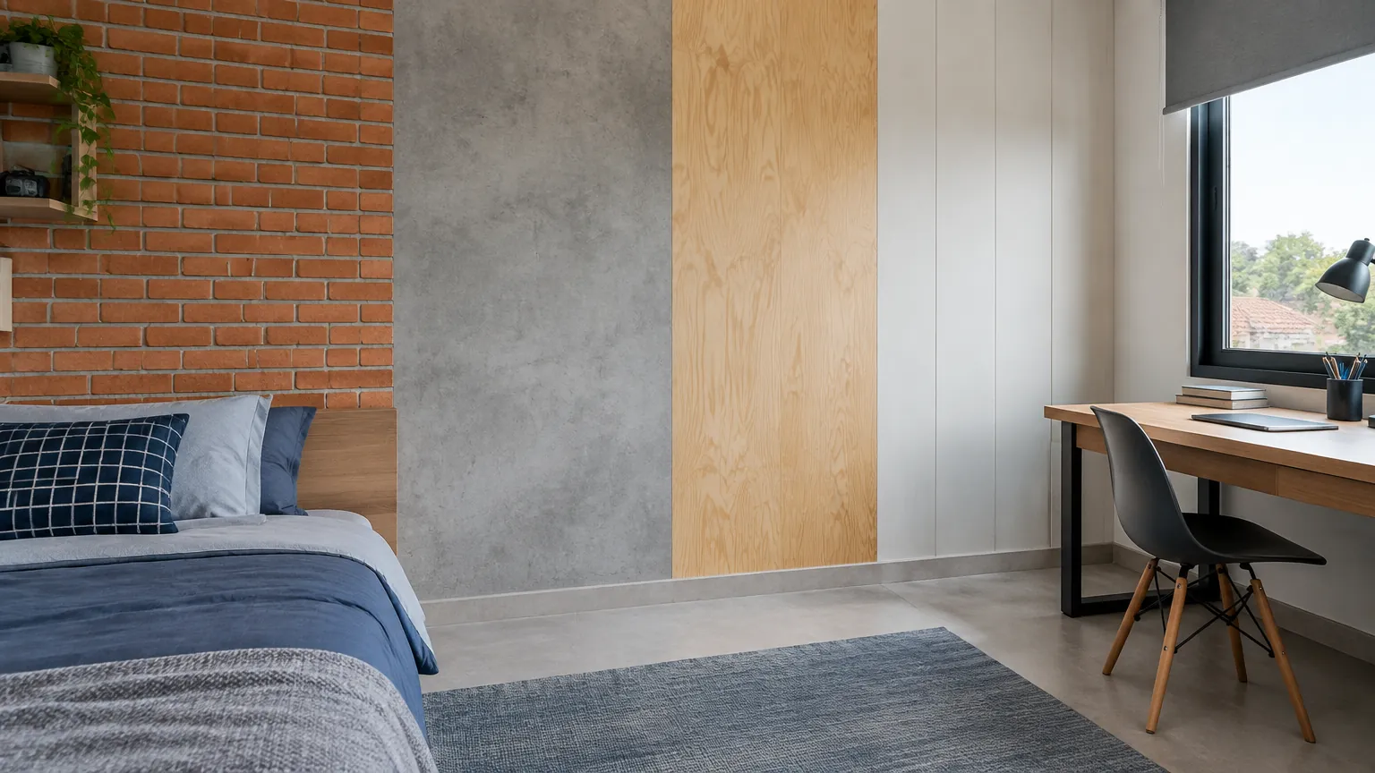 Kamar remaja dengan dinding bata, beton, dan panel kayu