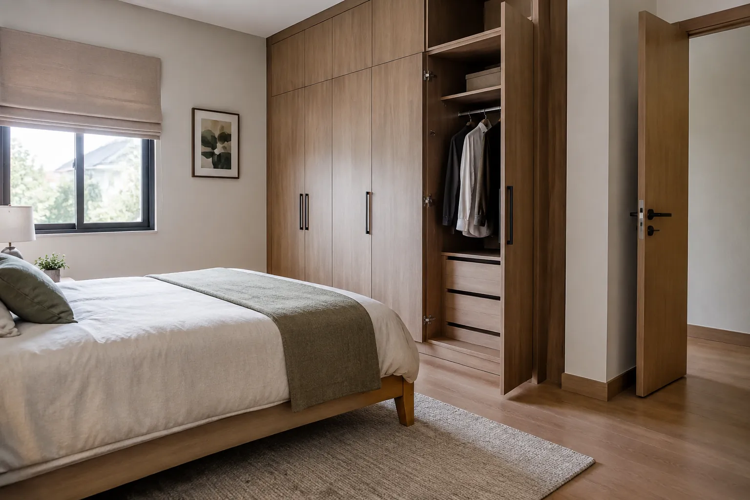 Tempat tidur dan lemari diatur dengan jalur di antaranya