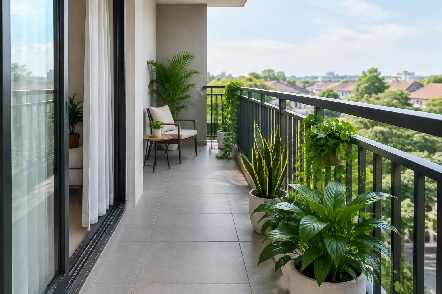 Balkon dengan railing terbuka, kursi, dan tanaman