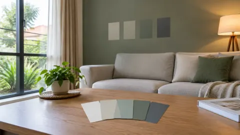 Sampel warna hijau dan abu-abu di ruang keluarga