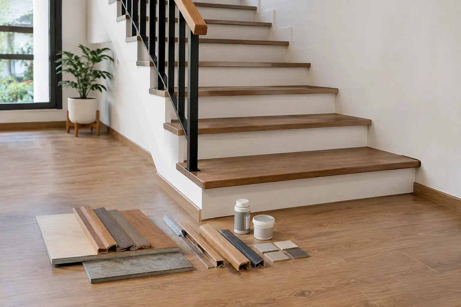 Contoh bahan finishing diletakkan di depan tangga yang sedang direnovasi