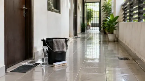 Lorong rumah dengan lantai basah dan perlengkapan pembersih