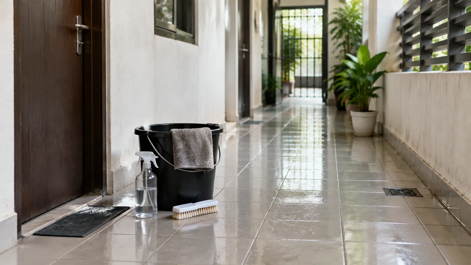 Lorong rumah dengan lantai basah dan perlengkapan pembersih
