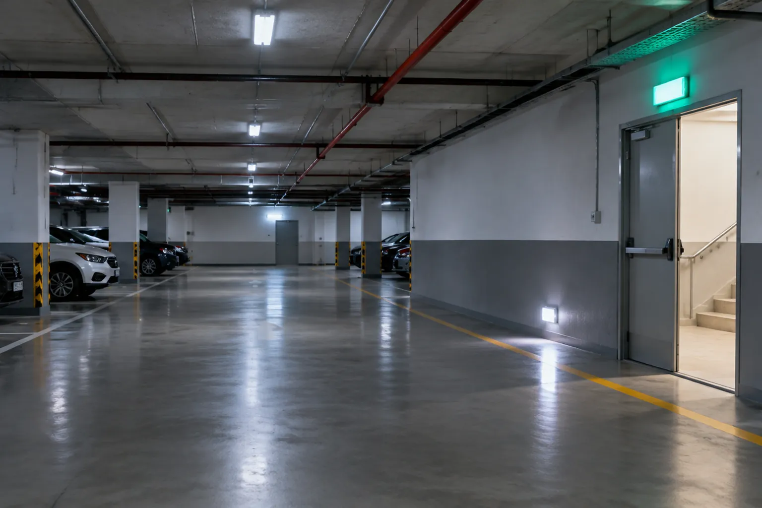Lampu serta tanda keluar pada garasi parkir.