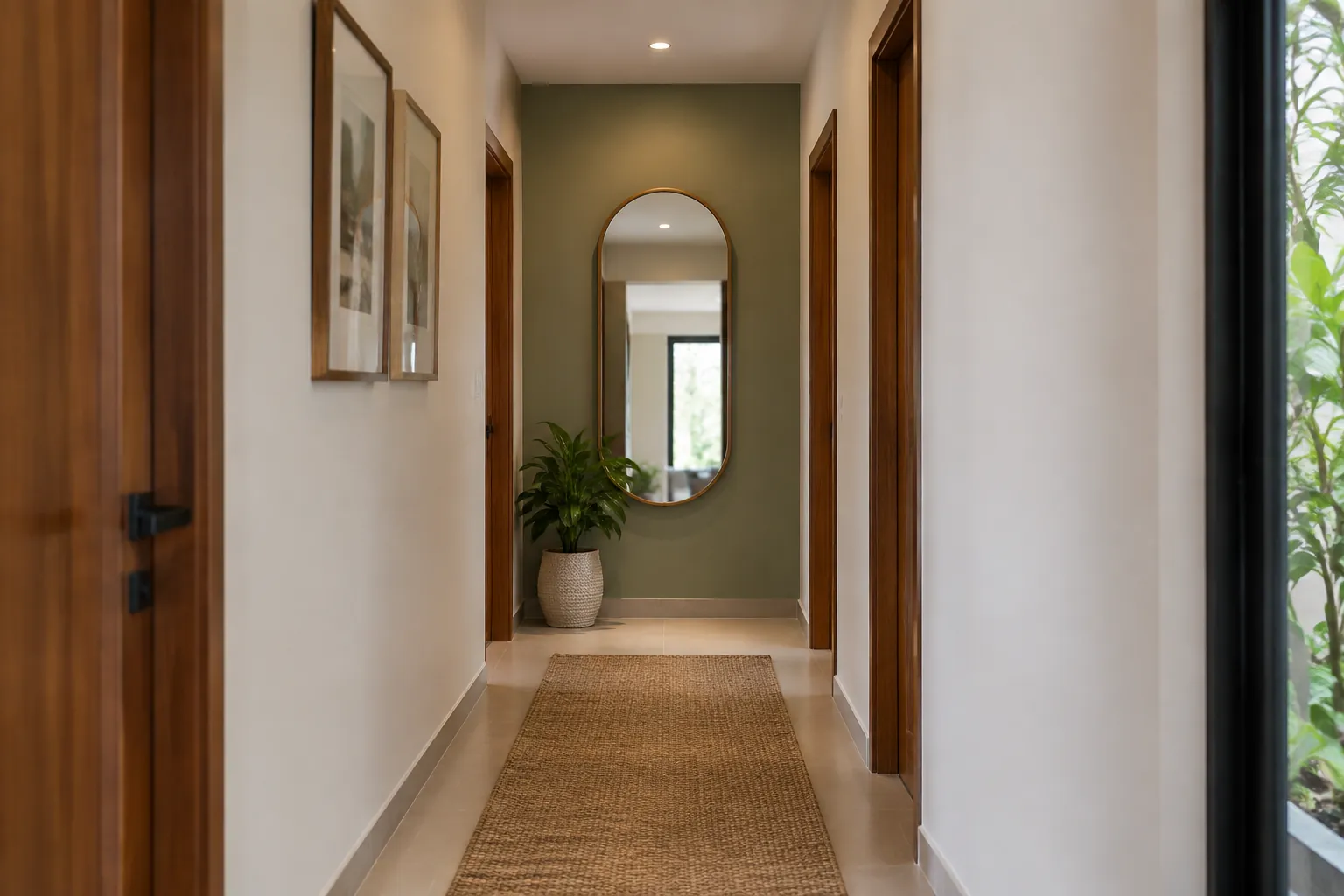 Lorong rumah dengan karpet dan cermin di ujungnya