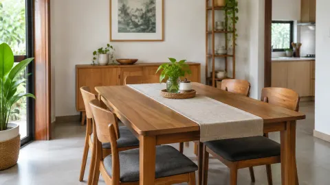 Ruang makan kayu sederhana dengan meja dan kursi