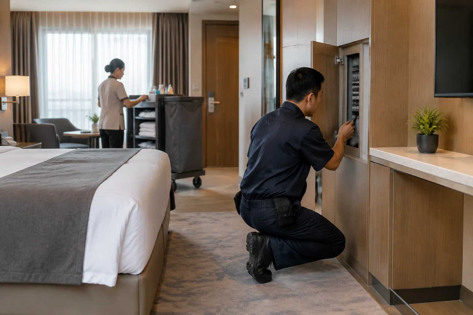 Petugas memeriksa kabinet kamar penginapan