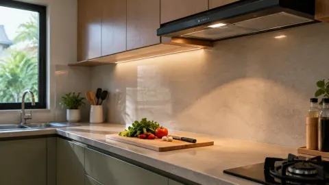 Lampu bawah kabinet menerangi meja persiapan dapur