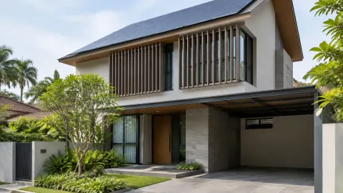 Fasad rumah dengan sirip vertikal di depan jendela