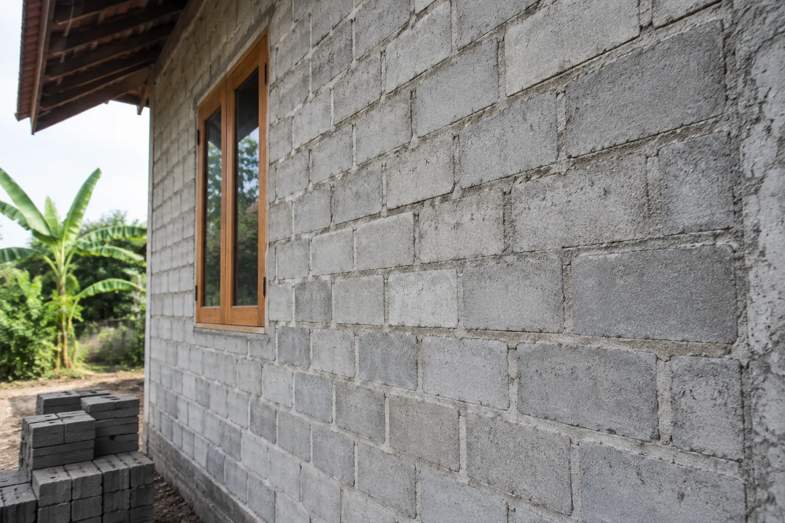 Dinding blok beton tanpa finishing dengan jendela kayu