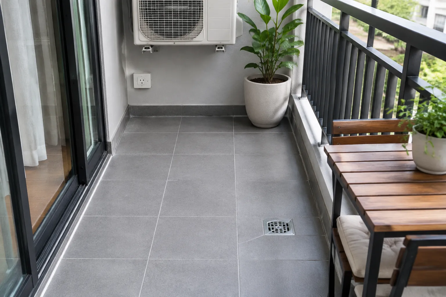 Balkon sempit dengan lantai keramik, kursi kayu, dan unit AC