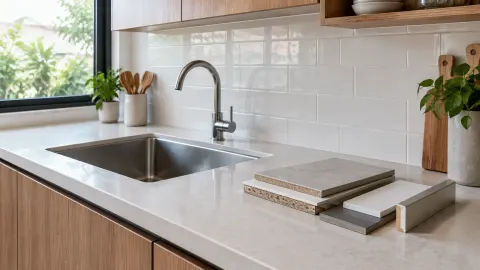 Bak cuci dapur dan permukaan meja putih dekat jendela