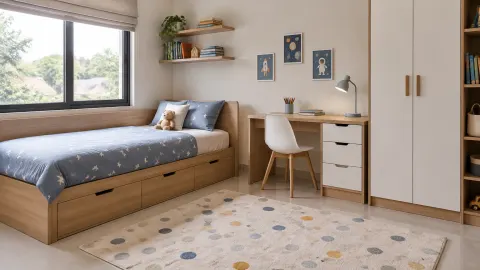 Kamar anak dengan laci tempat tidur, meja, dan lemari