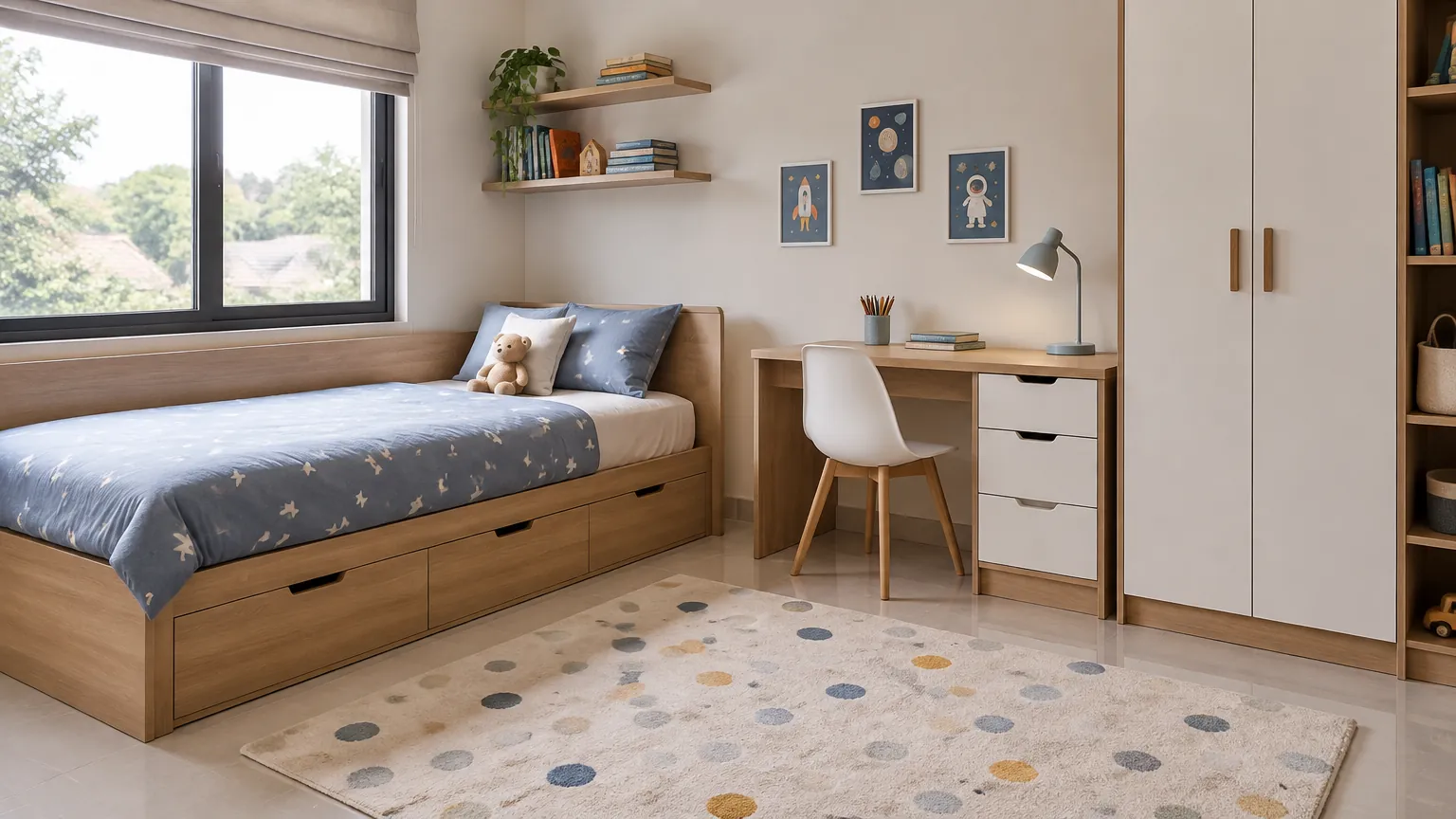 Kamar anak dengan laci tempat tidur, meja, dan lemari