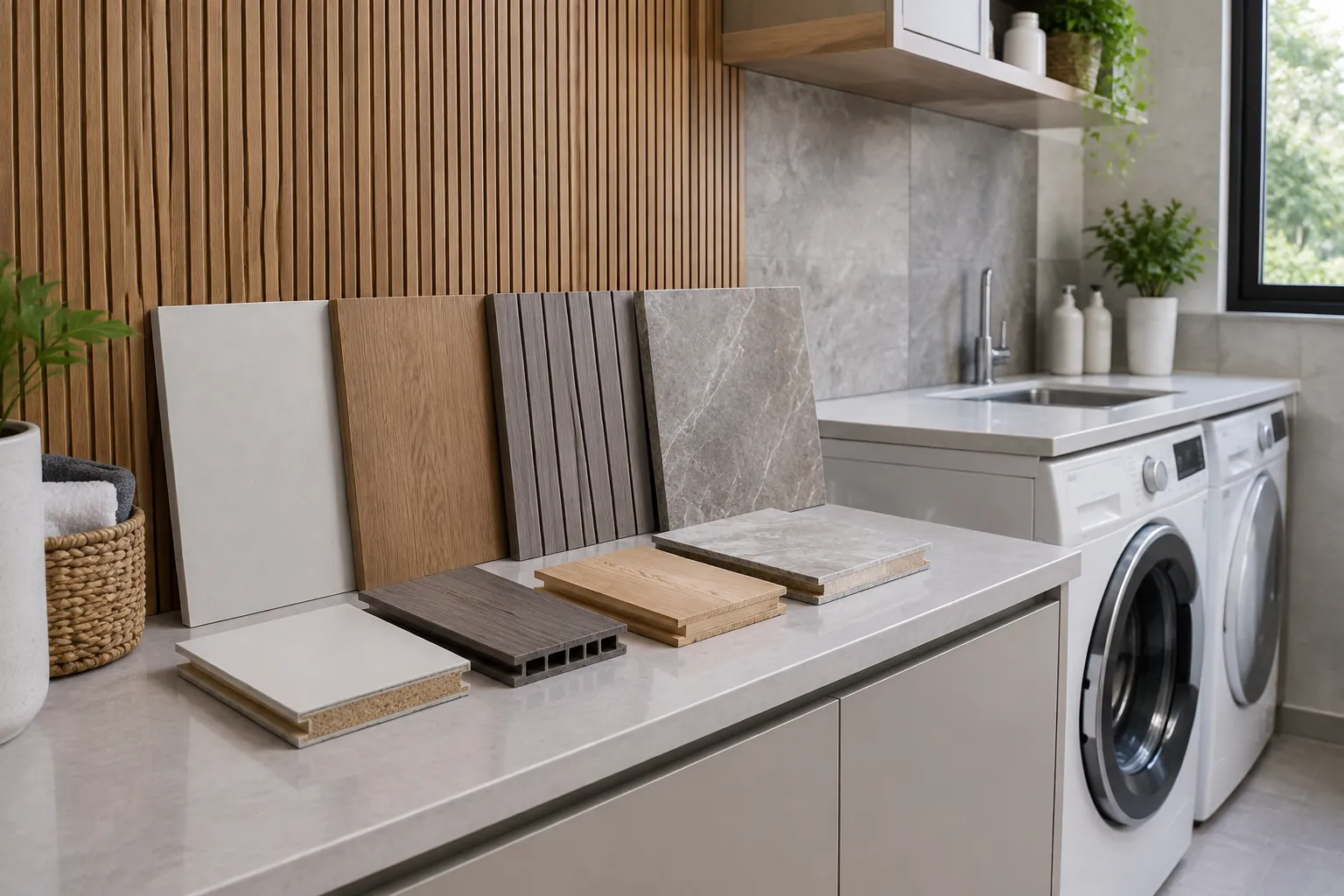 Sampel panel dinding dan material di atas meja ruang cuci