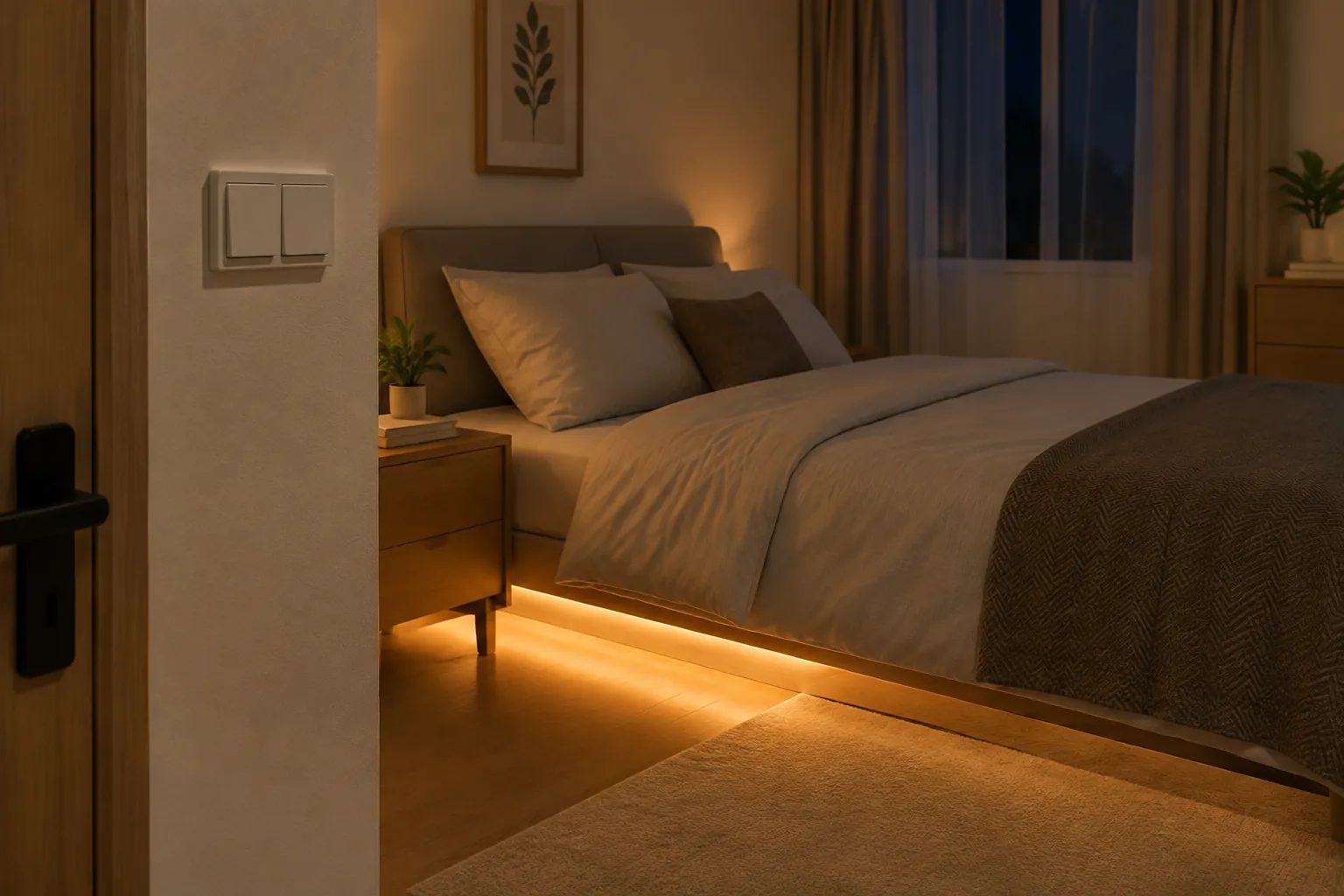 Lampu di bawah tempat tidur menyala saat kamar diredupkan