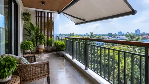 Balkon rumah dengan naungan, pagar, tanaman, dan jalur terbuka