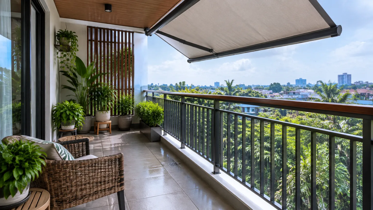 Balkon rumah dengan naungan, pagar, tanaman, dan jalur terbuka