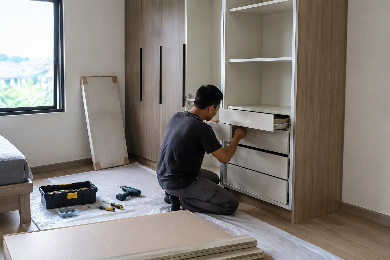 Pekerja memasang laci pada lemari pakaian