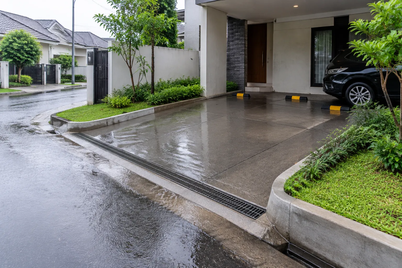 Air mengalir dari permukaan carport menuju saluran di tepinya