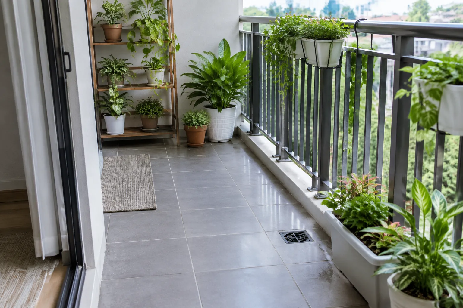 Tanaman balkon tersusun di dekat saluran lantai dan pagar