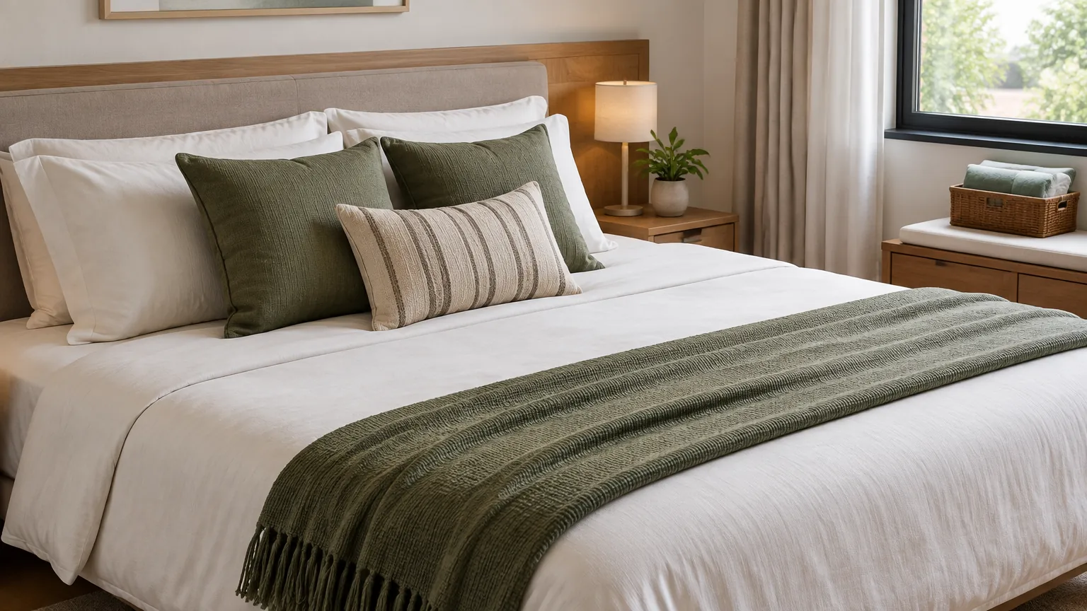 Tempat tidur dengan susunan bantal dan selimut berwarna senada