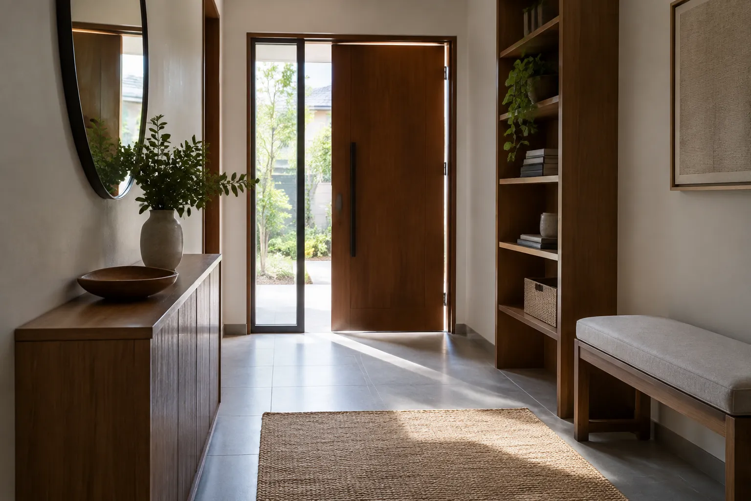 Foyer dengan pintu kayu terbuka dan cahaya siang