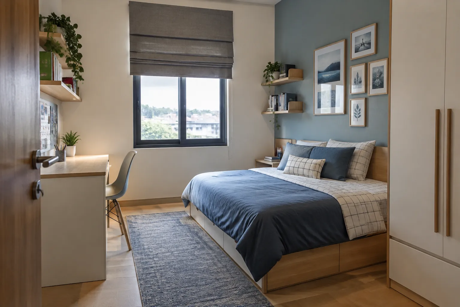 Kamar remaja dengan palet biru, lemari, dan tempat tidur