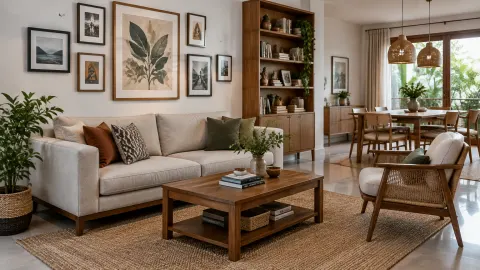 Ruang keluarga dengan kelompok bingkai gambar di atas sofa