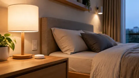 Lampu meja menyala di samping tempat tidur