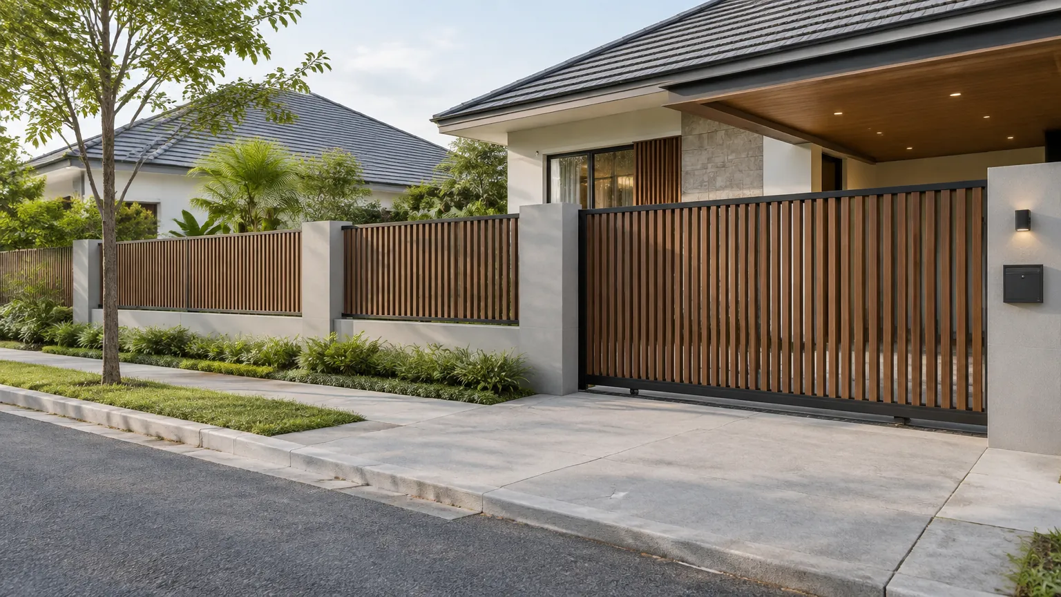 Pagar kayu dan logam di depan rumah