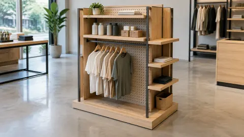 Rak pajang modular berisi pakaian dan barang toko