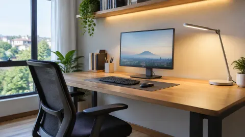Meja kerja dengan monitor dan lampu tugas di dekat jendela
