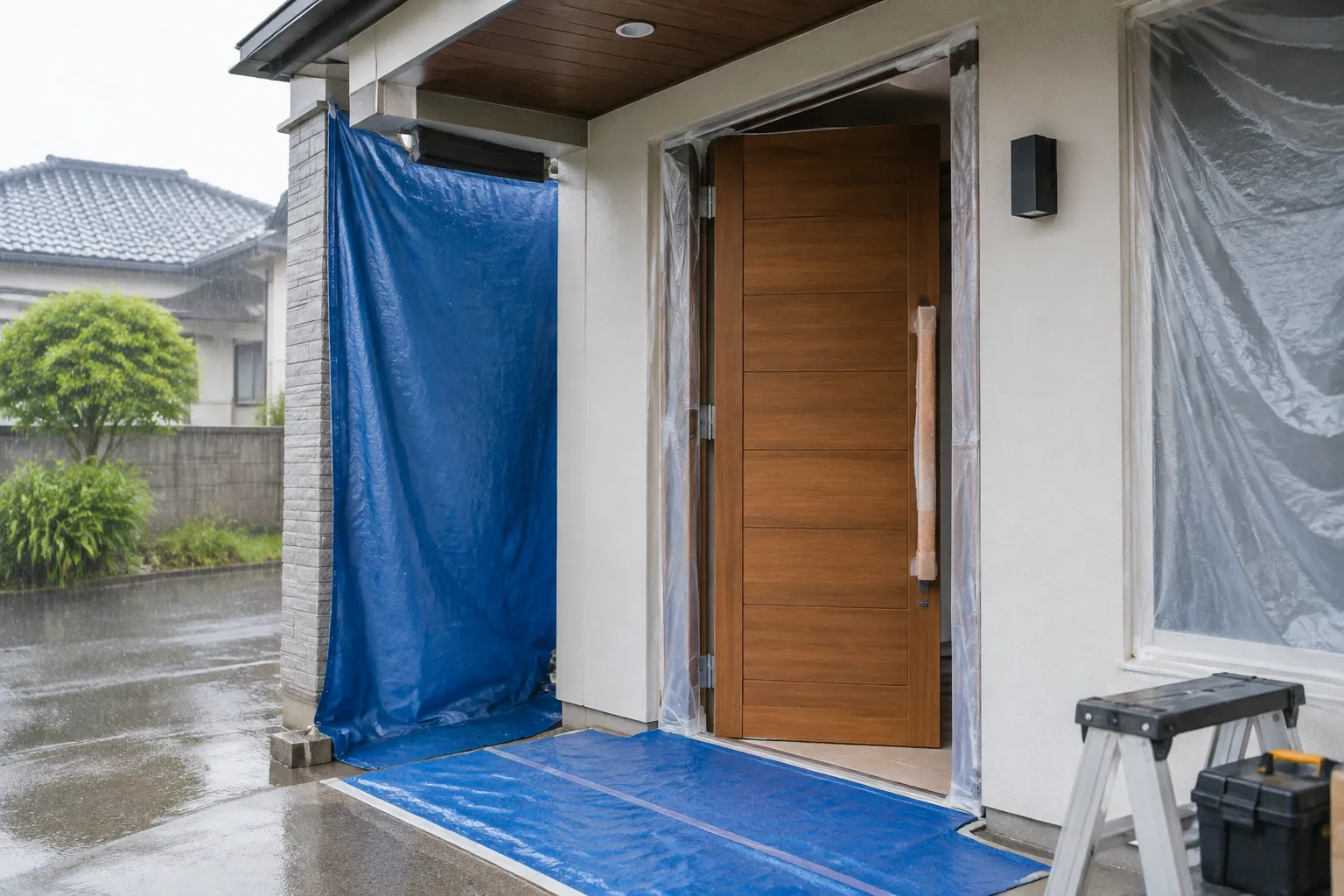 Pintu eksterior kayu dengan lantai dan dinding yang terlindungi saat kerja