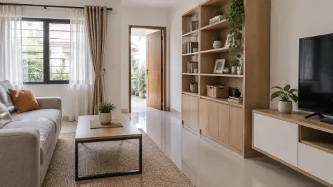 Ruang tamu dengan rak pajangan dan kabinet penyimpanan di sisi televisi