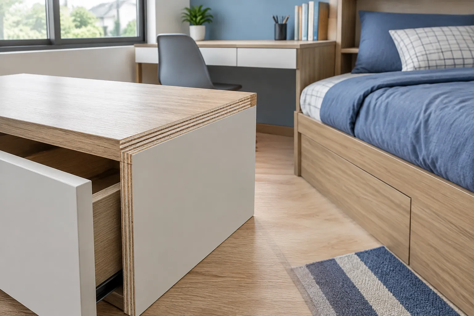 Detail meja dan tempat tidur dengan laci di kamar remaja