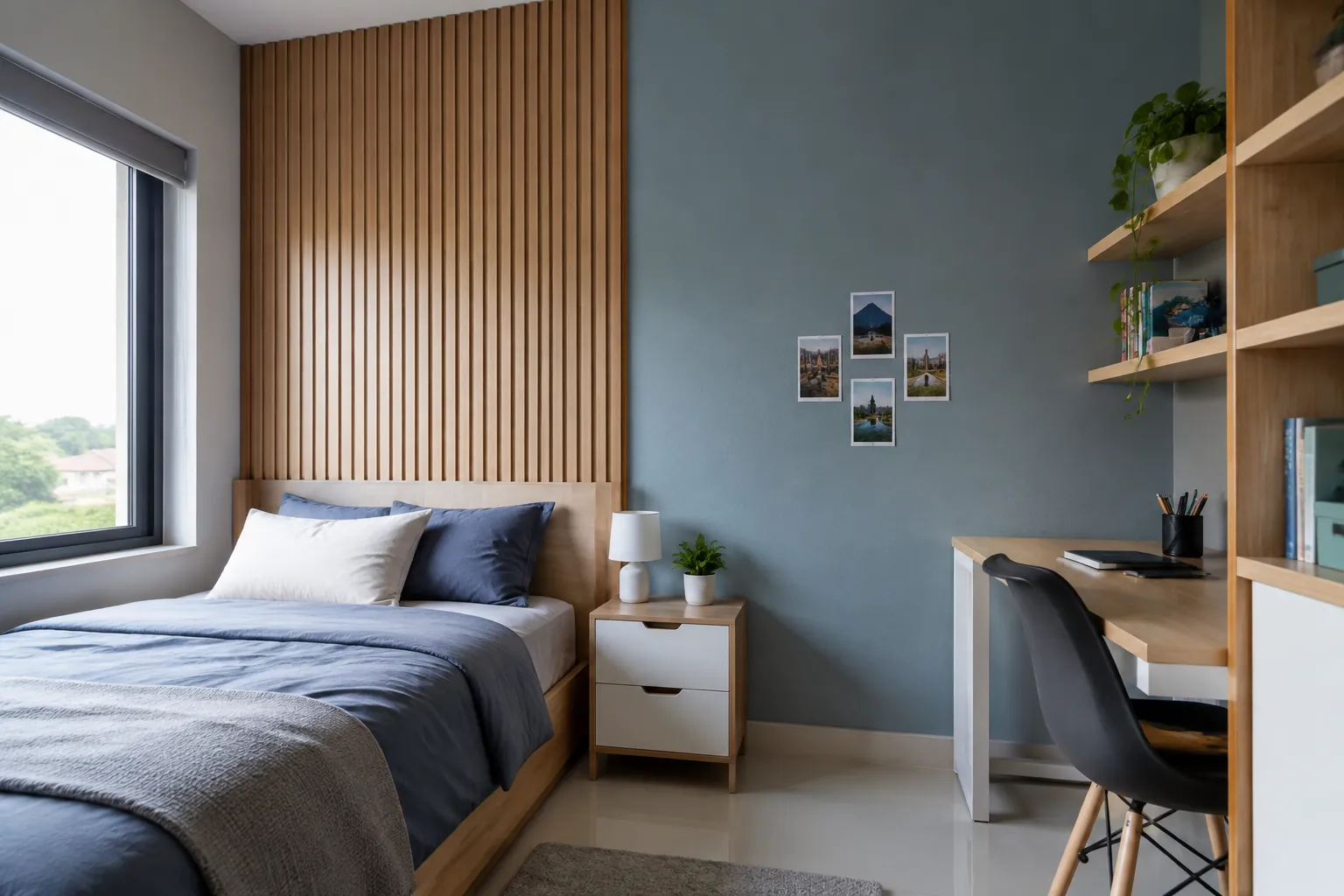 Kamar remaja dengan dinding biru dan aksen bilah kayu
